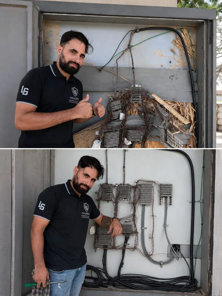 Técnico realizando manutenção em cabeamento e rack de condomínio
